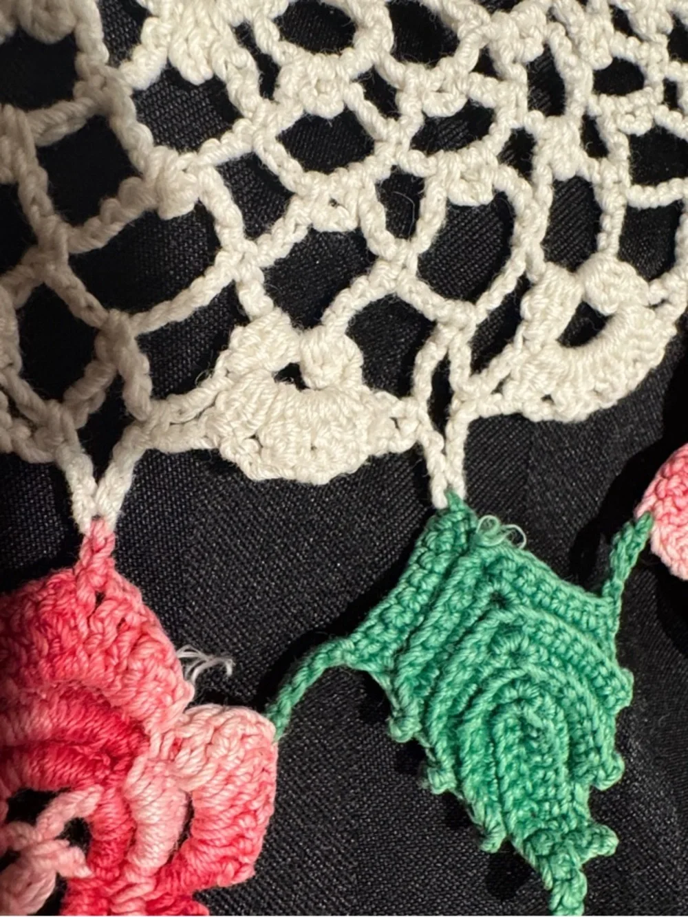 Handmade Irish Rose Crochet Doily with Multi-toned Pink Roses and Greenery